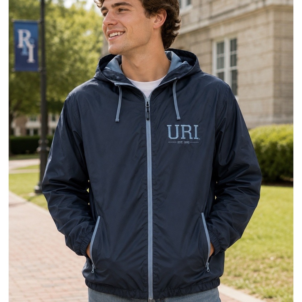 Vantage URI University of RI Mens L Full Zip Hooded Windbreaker Jacket Gray